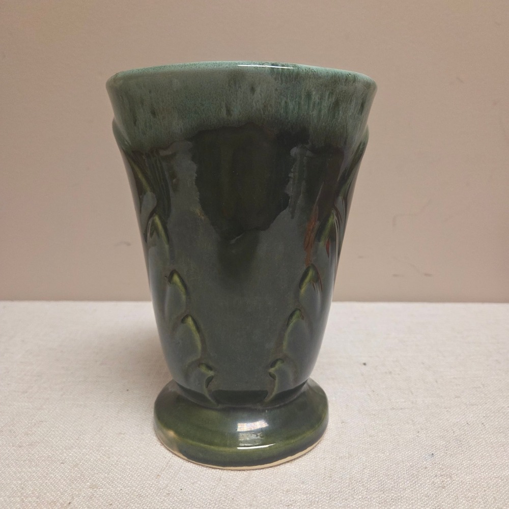 Vintage Green Drip Glaze Ceramic Vase Embossed Leaf Pattern Pedestal Base 6in